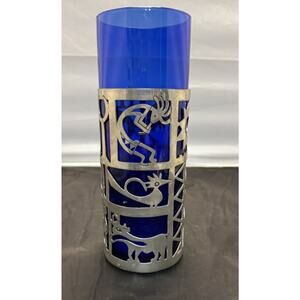 Universal Pewter Kokopelli Kachina Symbols Cobalt Blue Glass 10" Hurricane Vase